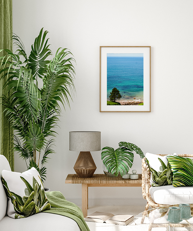 Home interior with rattan chairs, flowers and poster mockup, 3d