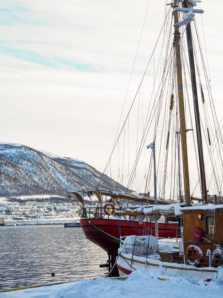 Winterlandschaft am Hafen in Tromsö bei einer entspannten Reise 