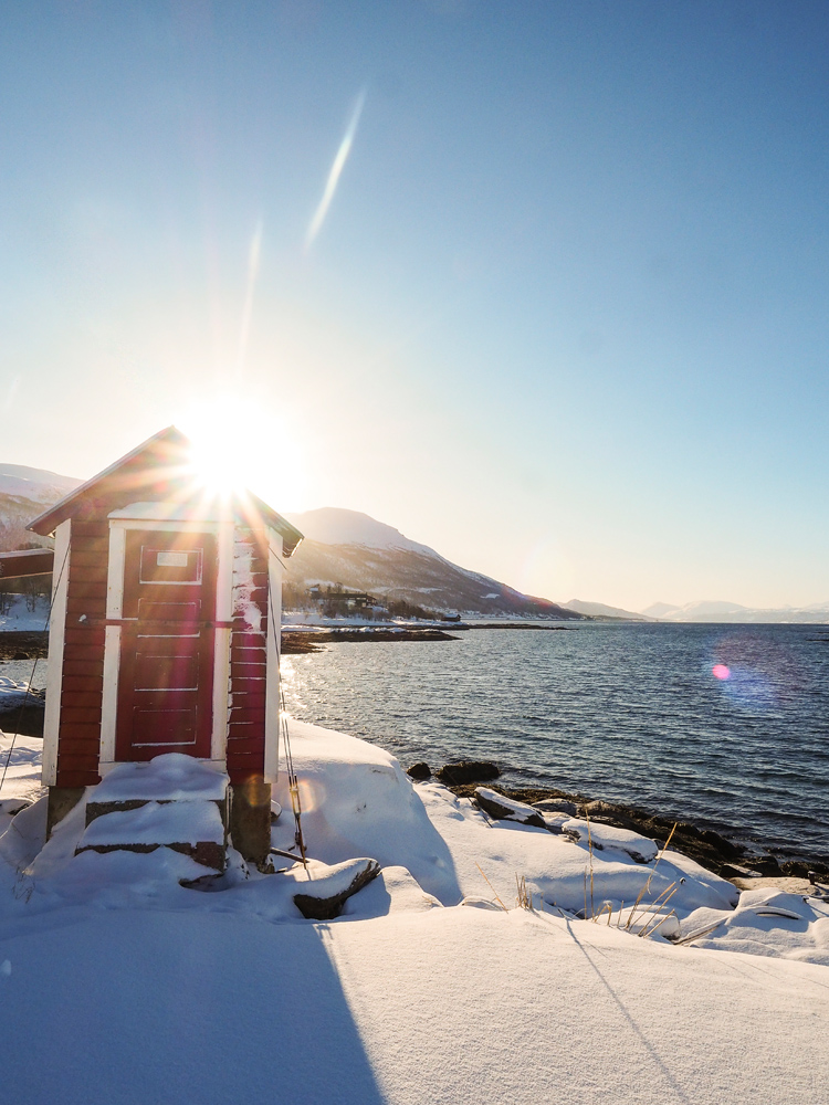 Idyllisches Lagerhaus im verschneiter Park Folkeparken außerhalb von Tromsö im Winter