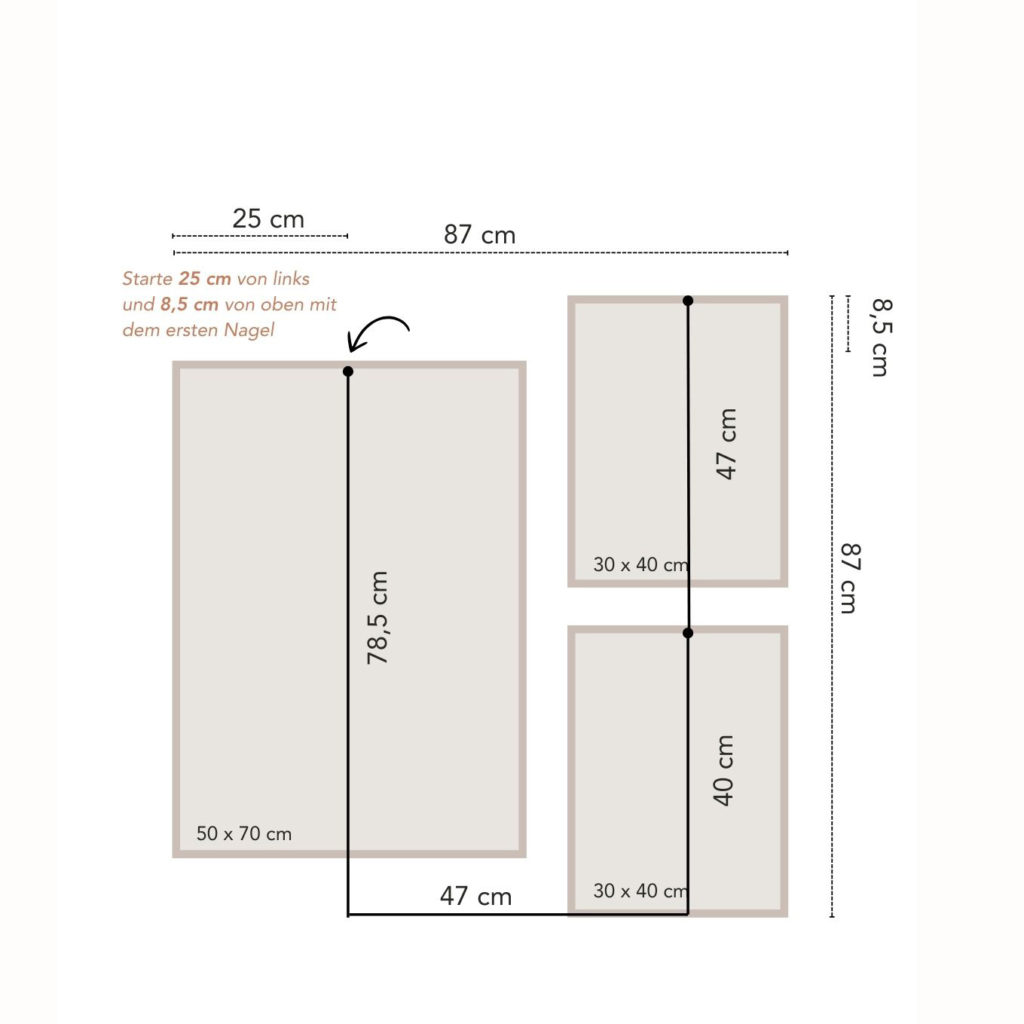 Anleitung zur Aufhängung von drei Postern in quadratischer Anordnung