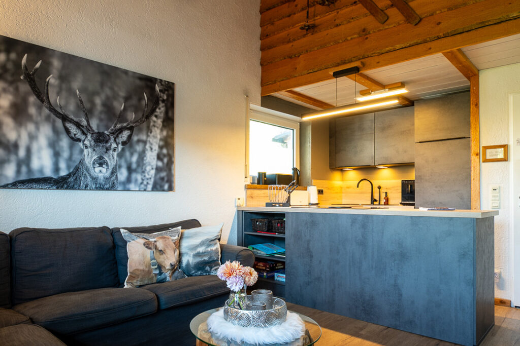 Offener Wohnbereich mit Küche, Sofa und Holzbalken in dem Ferienhaus "Freiheit Sauerland"